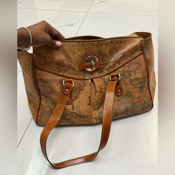 Vintage Alviero Martini Brown Map Print Shoulder Bag - Picture 1 of 7